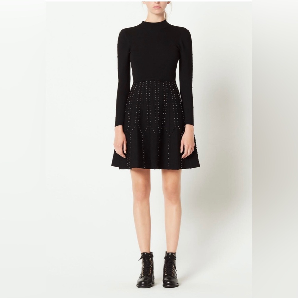 Sandro NAVY Long Sleeve Dress with Studded Green Detail